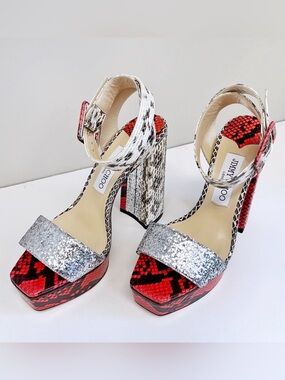 NWT JIMMY CHOO 6.5 Heels JAX/PF 125 Mandarín Sandals Silver Shoes Snake Print